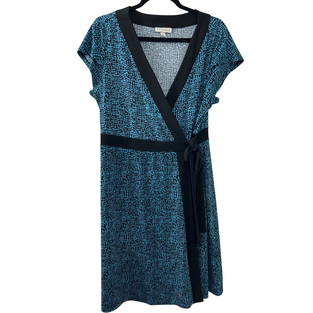 Dana Buchman Geometric Mosaic Faux Wrap XL Teal Black Workwear Office Modest